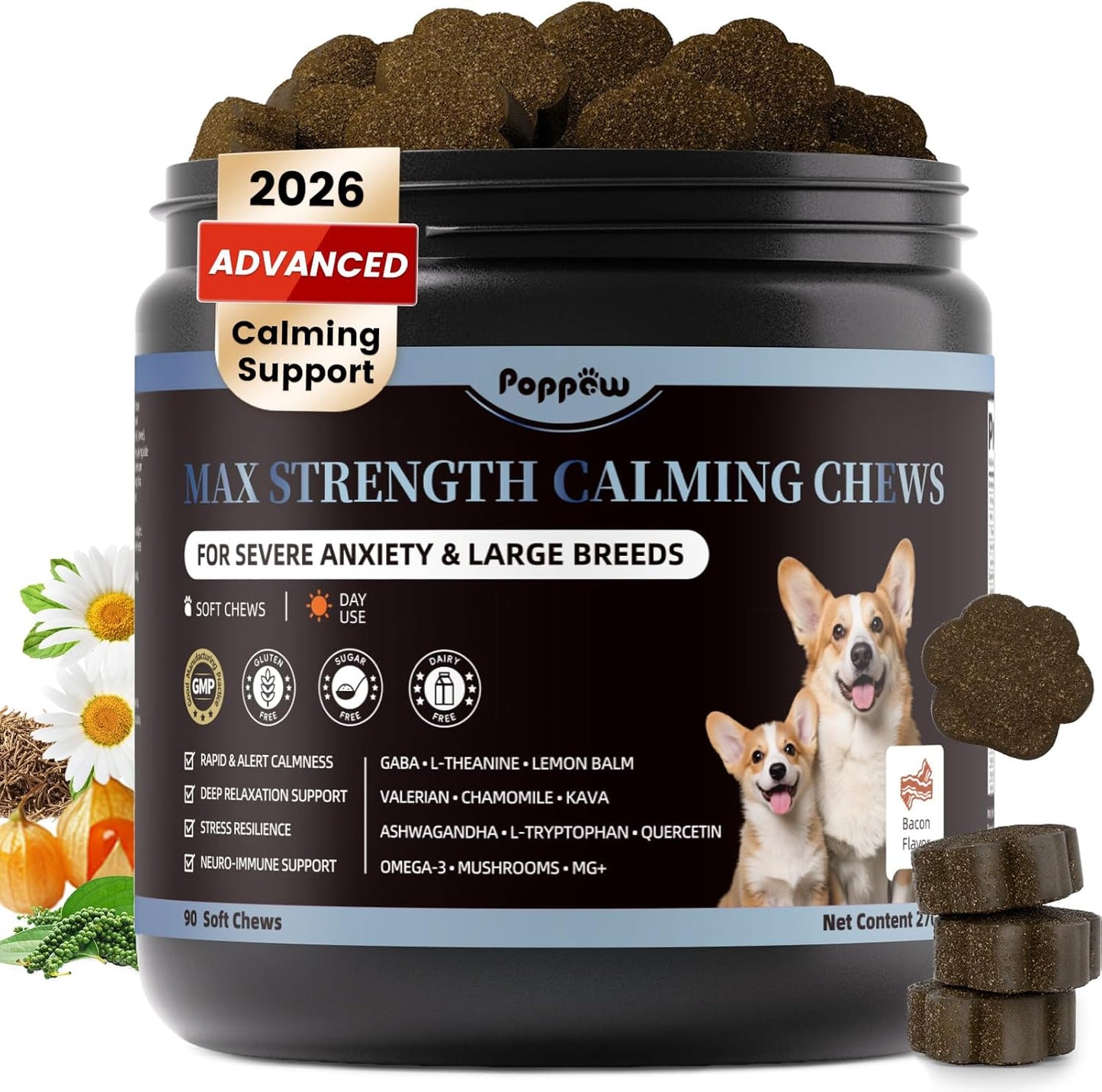 Calming Chews for Dogs - Advanced Calming Treats for Dogs Anxiety, Stress, Separation, & Thunder, Relaxation with Ashwagandha & L-Theanine, Non-Drowsy Alternative to Melatonin, Bacon Flavor, 90Ct