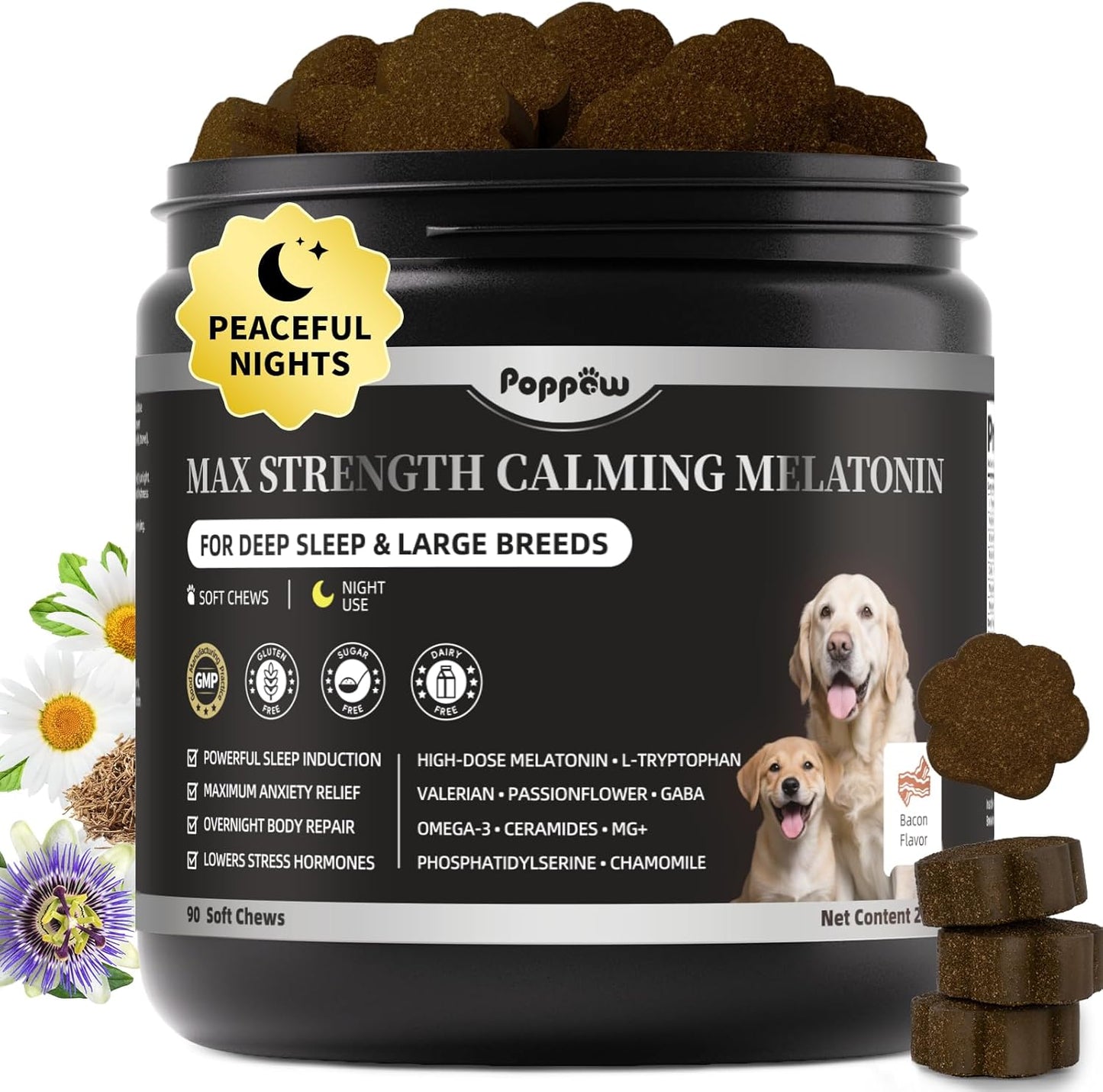 Melatonin for Dogs - Advanced Dog Calming Chews for Restful Sleep & Emotional Support, Calming Treats for Dogs Relaxation, Stress Anxiety Support - Separation, Thunder, Fireworks, Bacon Flavor, 90Ct