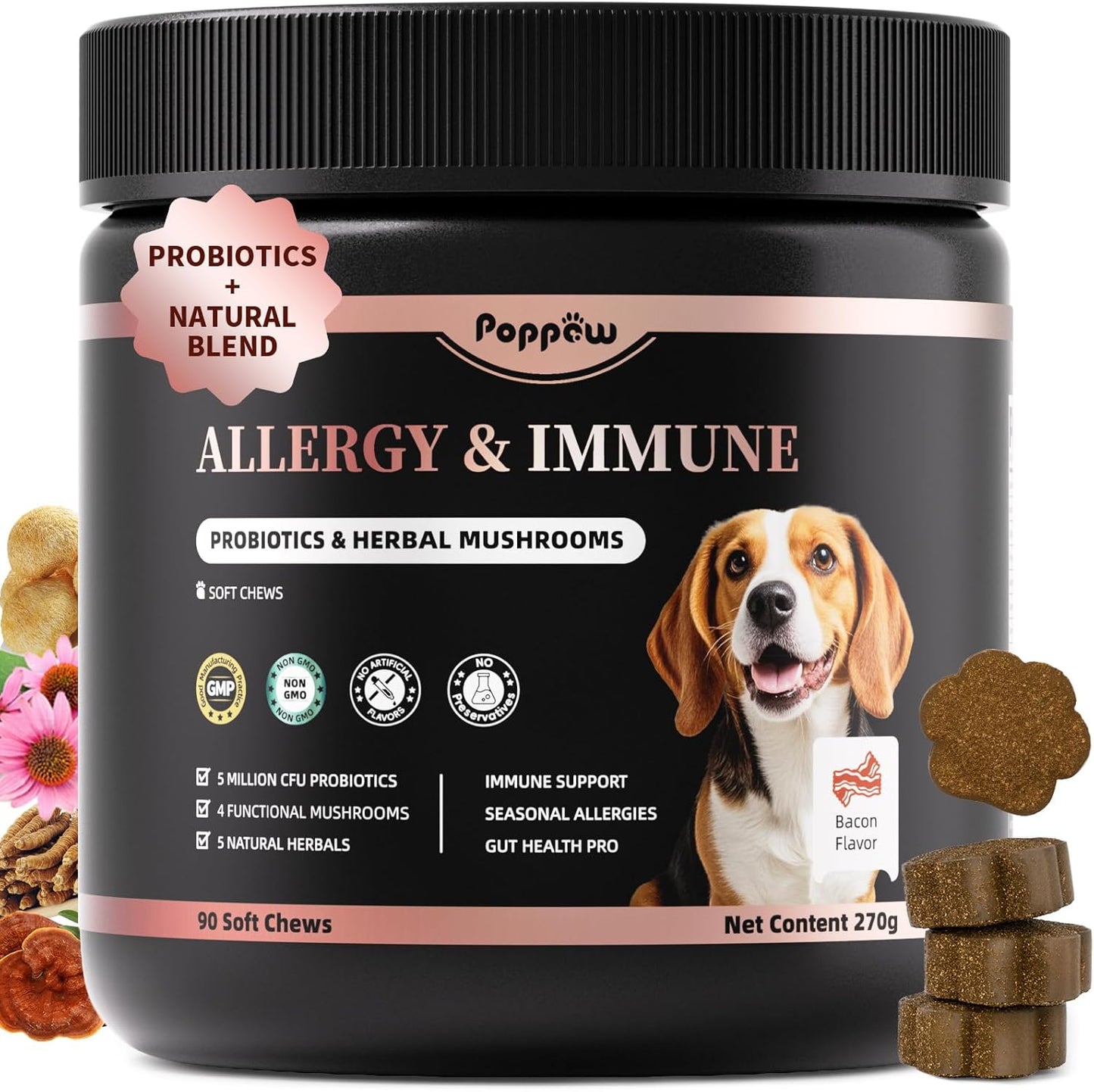 Dog Allergy Chews, Probiotics for Dog Allergy Relief - Itchy Skin and Itchy Ears - Allergy Paw Relief - Seasonal Allergies & Immune Gut Health & Joint, Energy Support, Bacon Flavor - 90 Count