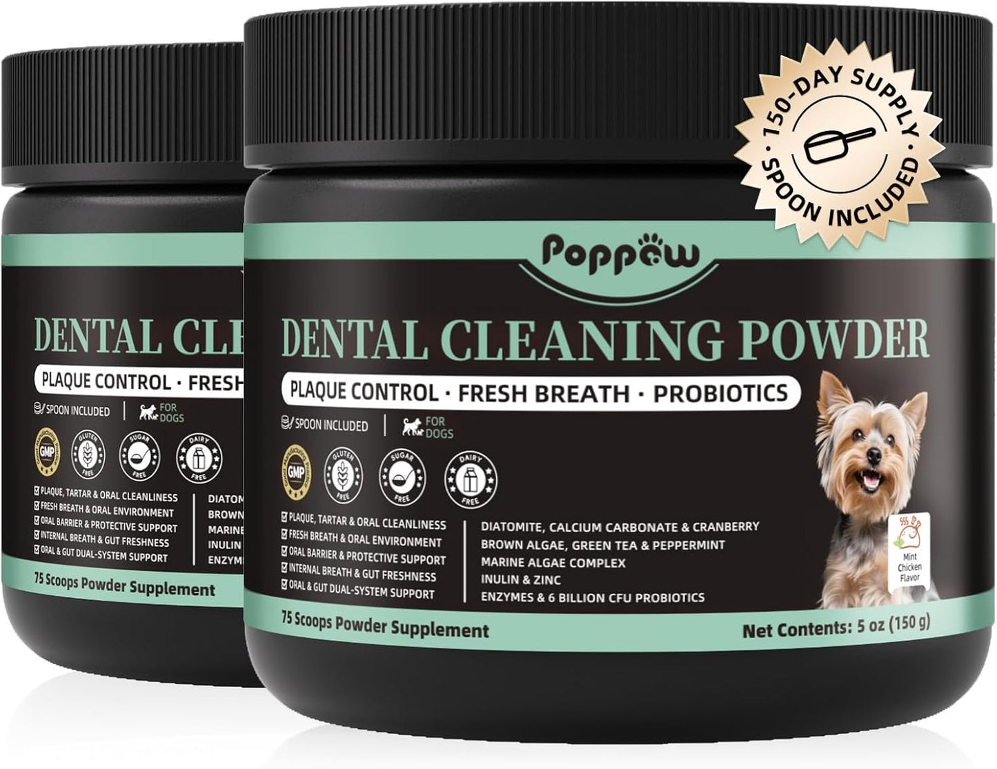 Dog Dental Powder, Teeth Cleaning Powder, Plaque & Tartar Off, Fresh Breath Support, No Brushing Oral Care, Mint Chicken Flavor, 75 Servings