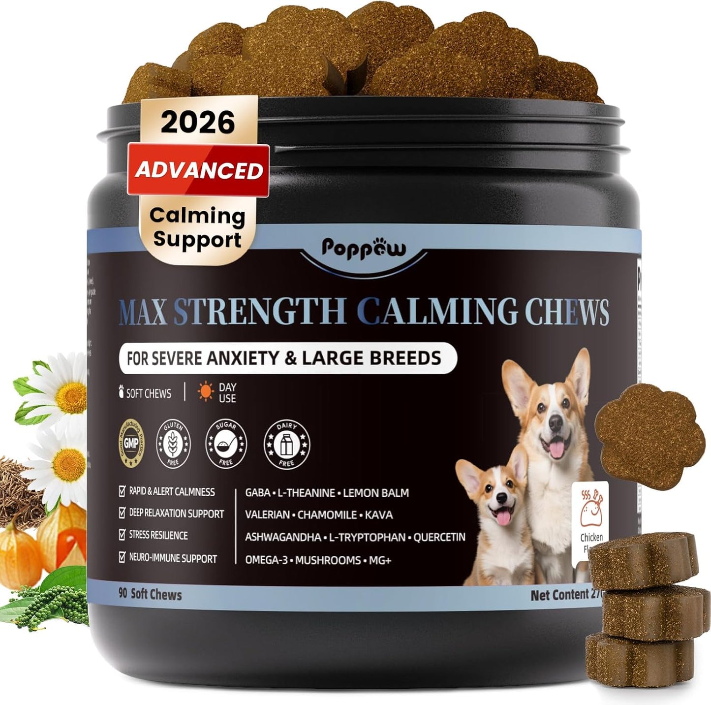 Calming Chews for Dogs - Advanced Calming Treats for Dogs Anxiety, Stress, Separation, & Thunder, Relaxation with Ashwagandha & L-Theanine, Non-Drowsy Alternative to Melatonin, Chicken Flavor, 45Ct