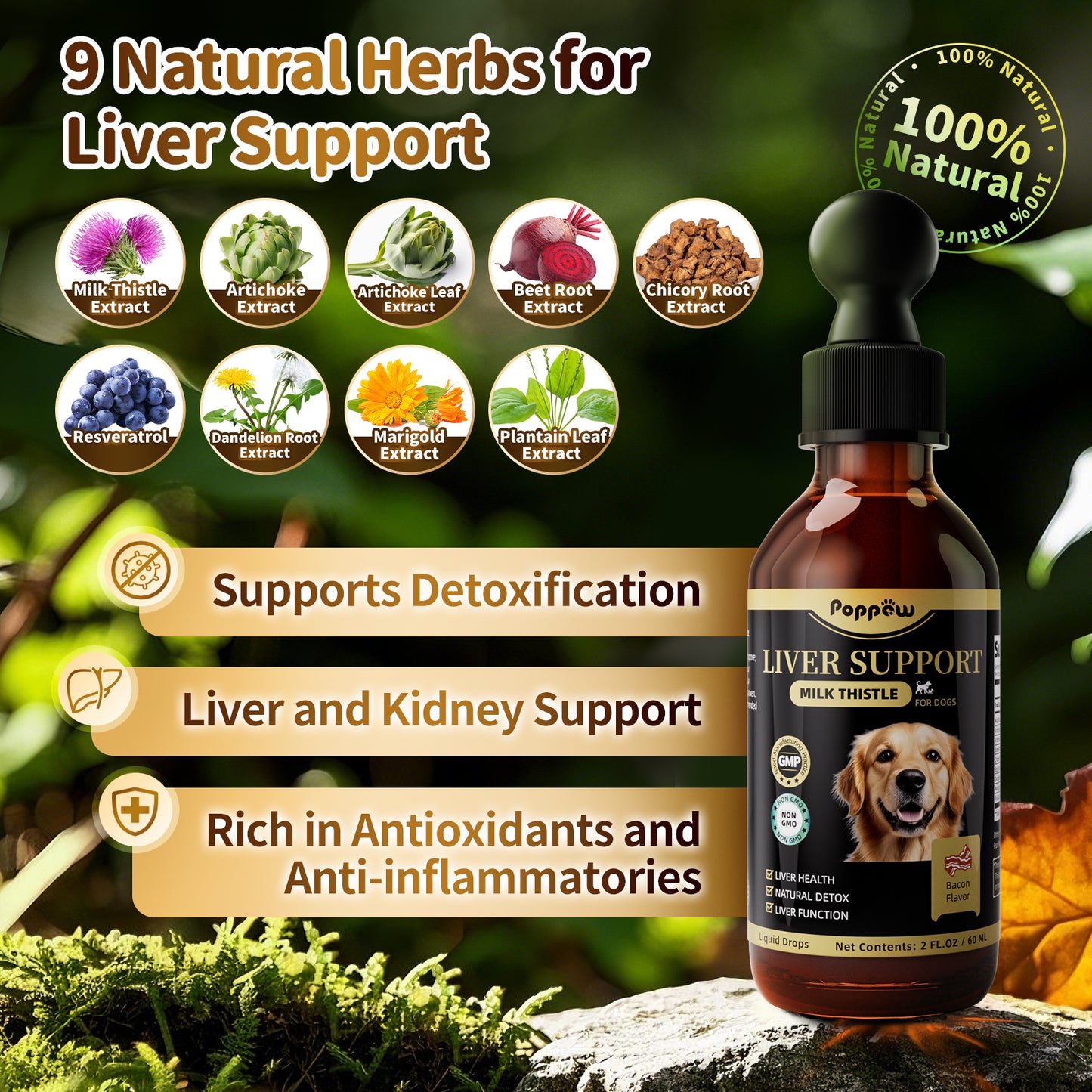 Liver Support Liquid Supplement For Dogs Bacon Flavor 60ml