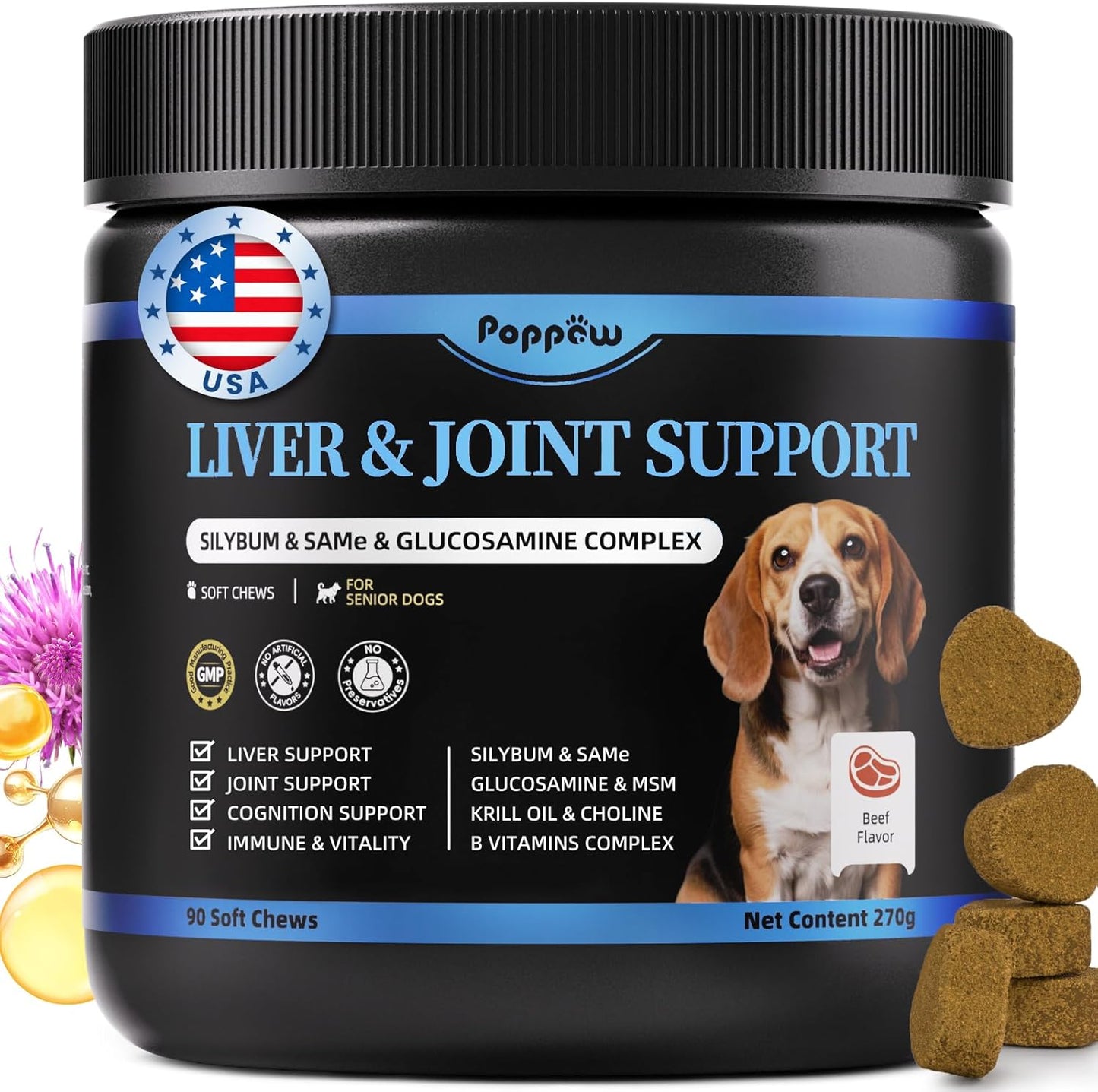 Senior Dog Liver & Joint Supplement – Same, Milk Thistle (Silybin), Glucosamine, MSM for Liver Health Detox, Mobility, Joint Pain Relief, Cognitive & Vitality Support, Chicken Flavor, 90Ct