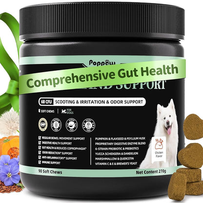 Dog Probiotics & Digestive Enzymes – Pumpkin Fiber Chews for Gut Health, Diarrhea & Upset Stomach Relief, Gas & Stool Support, Beef Flavor Soft Chews – 90 Count