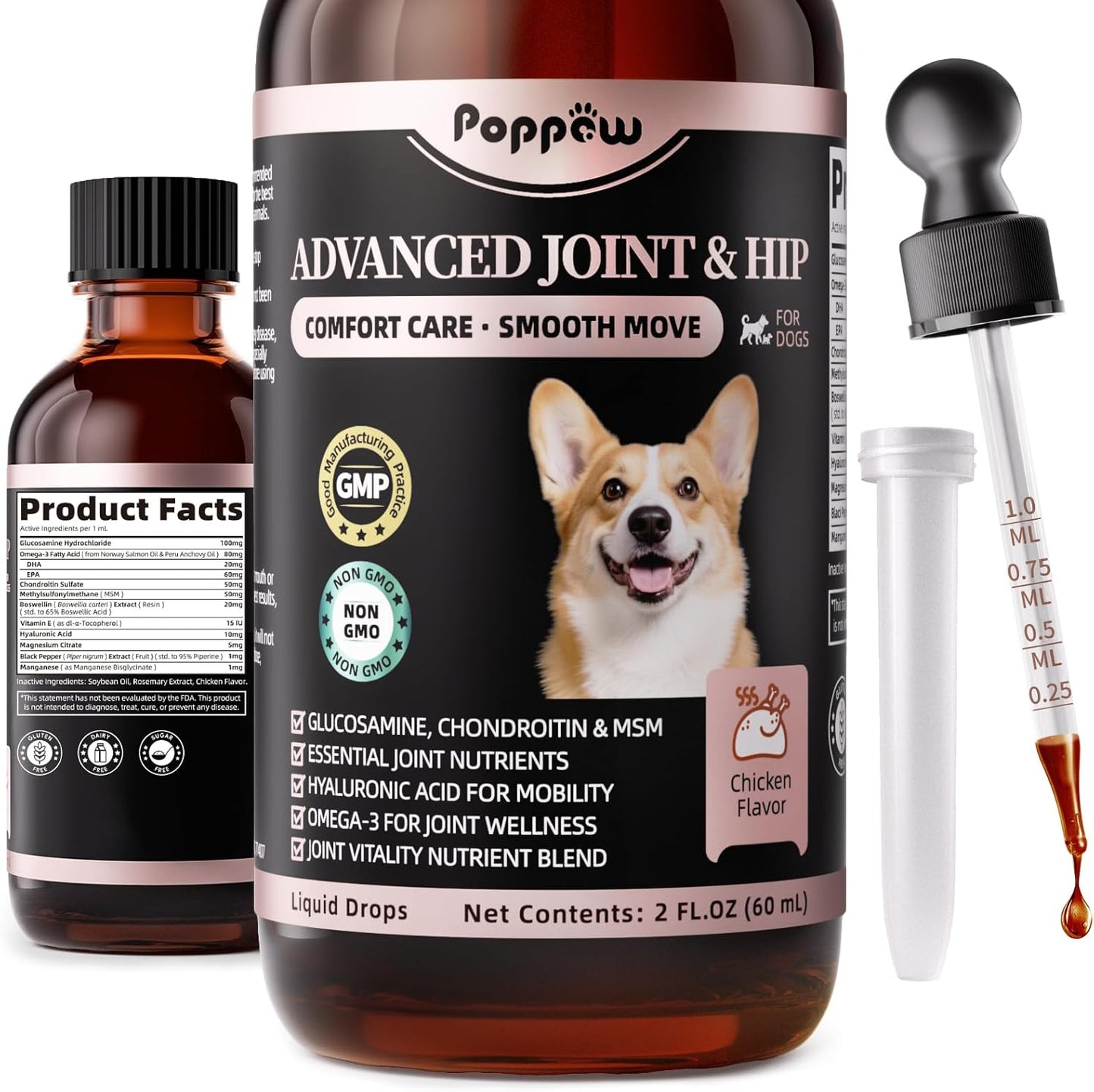 Poppaw Advanced 10-in-1 Dog Joint Supplement – Glucosamine Liquid for All Breeds