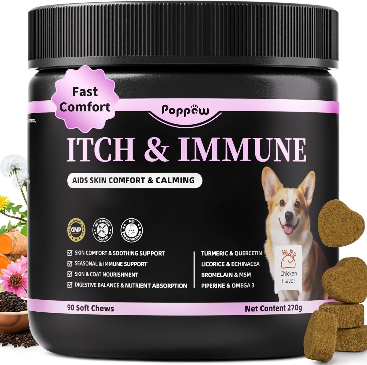 Itch Relief for Dogs - Turmeric Supplements for Itching Skin Comfort & Coat Health & Seasonal Allergy Care, Immune Support Supplement with Omega-3 Fish Oil, Biotin - Chicken Flavor - 90 Count
