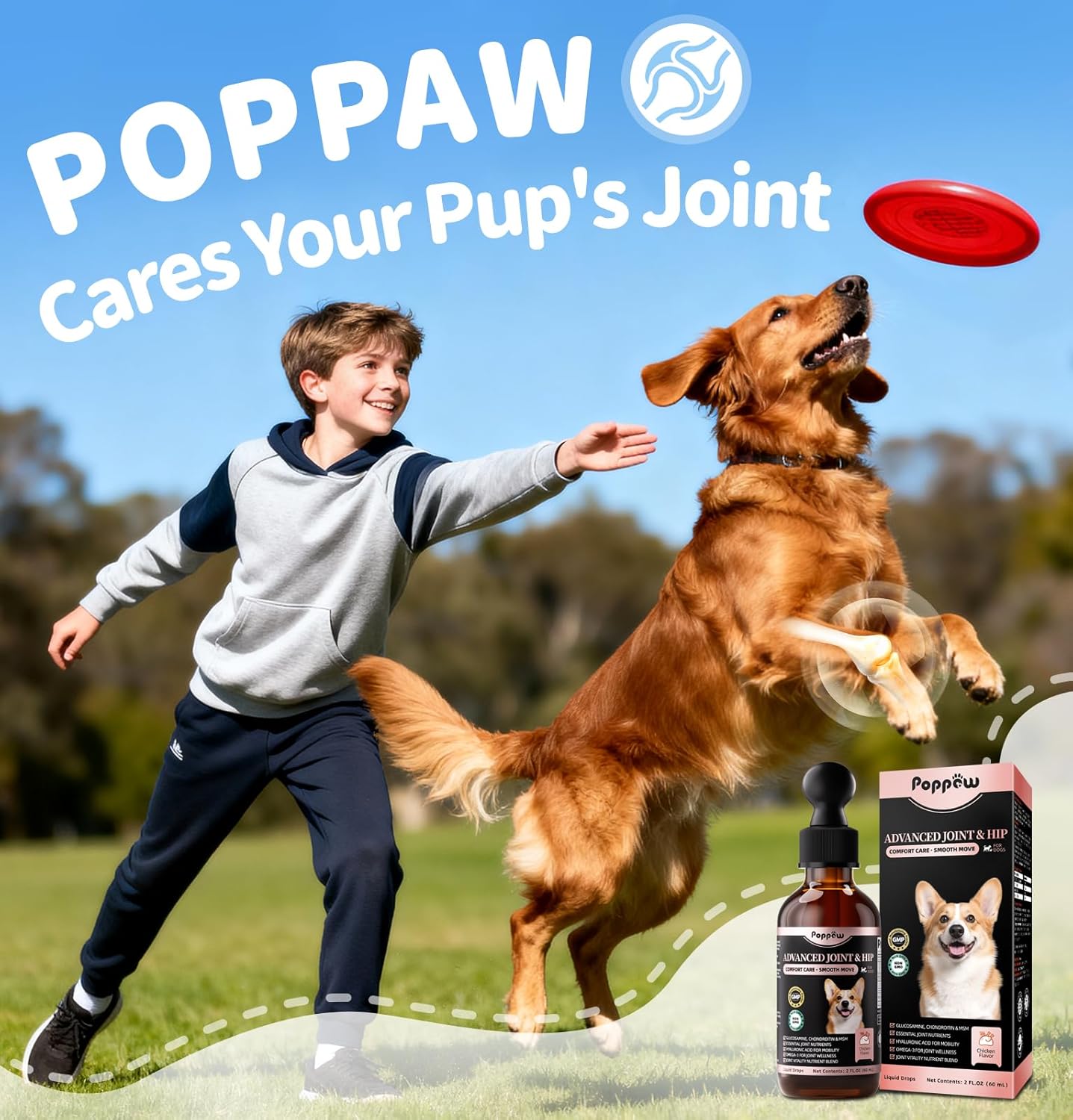 Poppaw Advanced 10-in-1 Dog Joint Supplement – Glucosamine Liquid for All Breeds