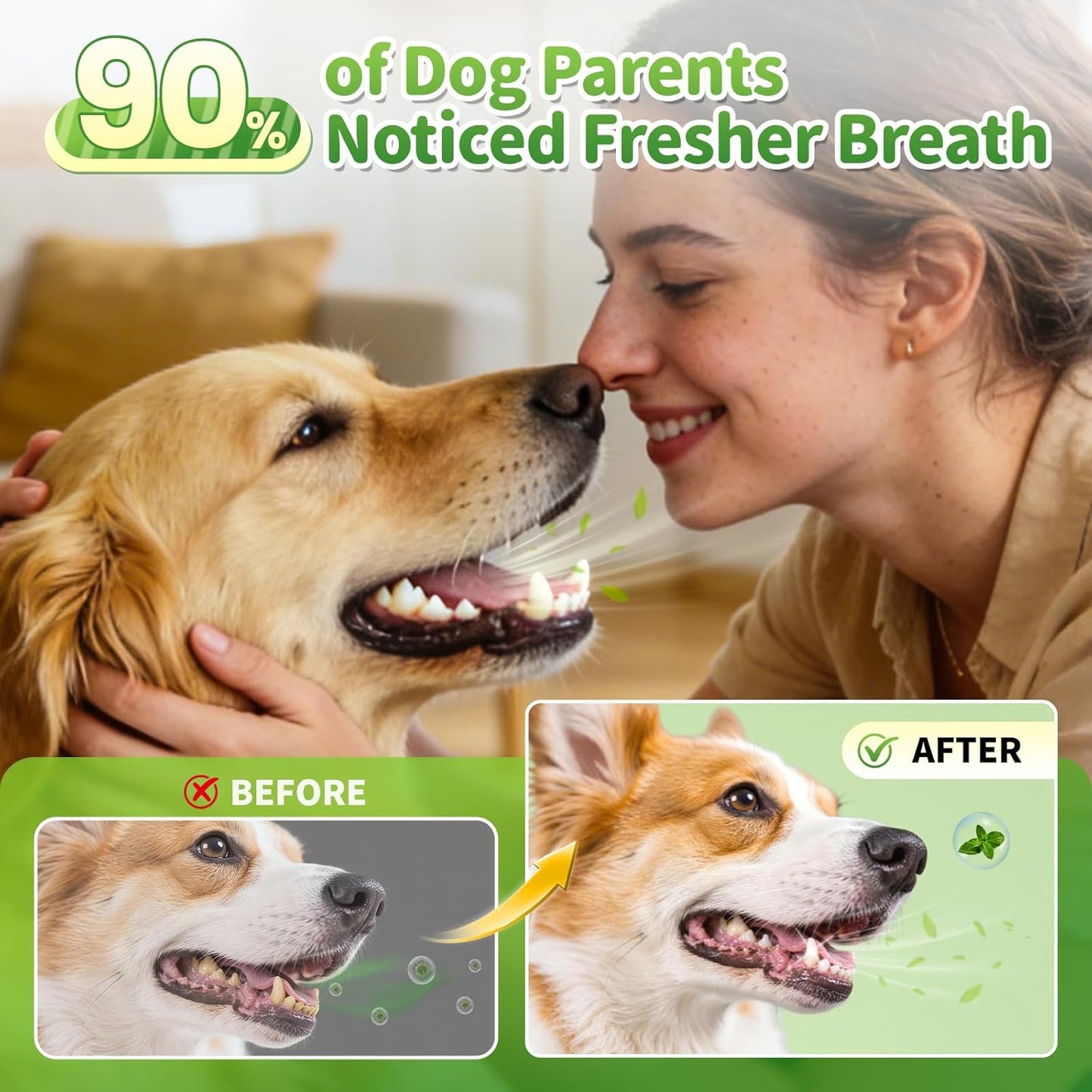 Dog Dental Powder, Teeth Cleaning Powder, Plaque & Tartar Off, Fresh Breath Support, No Brushing Oral Care, Mint Chicken Flavor, 75 Servings