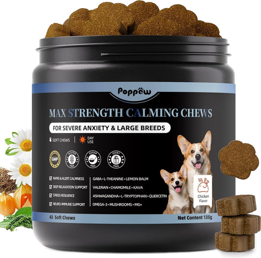 Calming Chews for Dogs - Advanced Calming Treats for Dogs Anxiety, Stress, Separation, & Thunder, Relaxation with Ashwagandha & L-Theanine, Non-Drowsy Alternative to Melatonin, Chicken Flavor, 45Ct