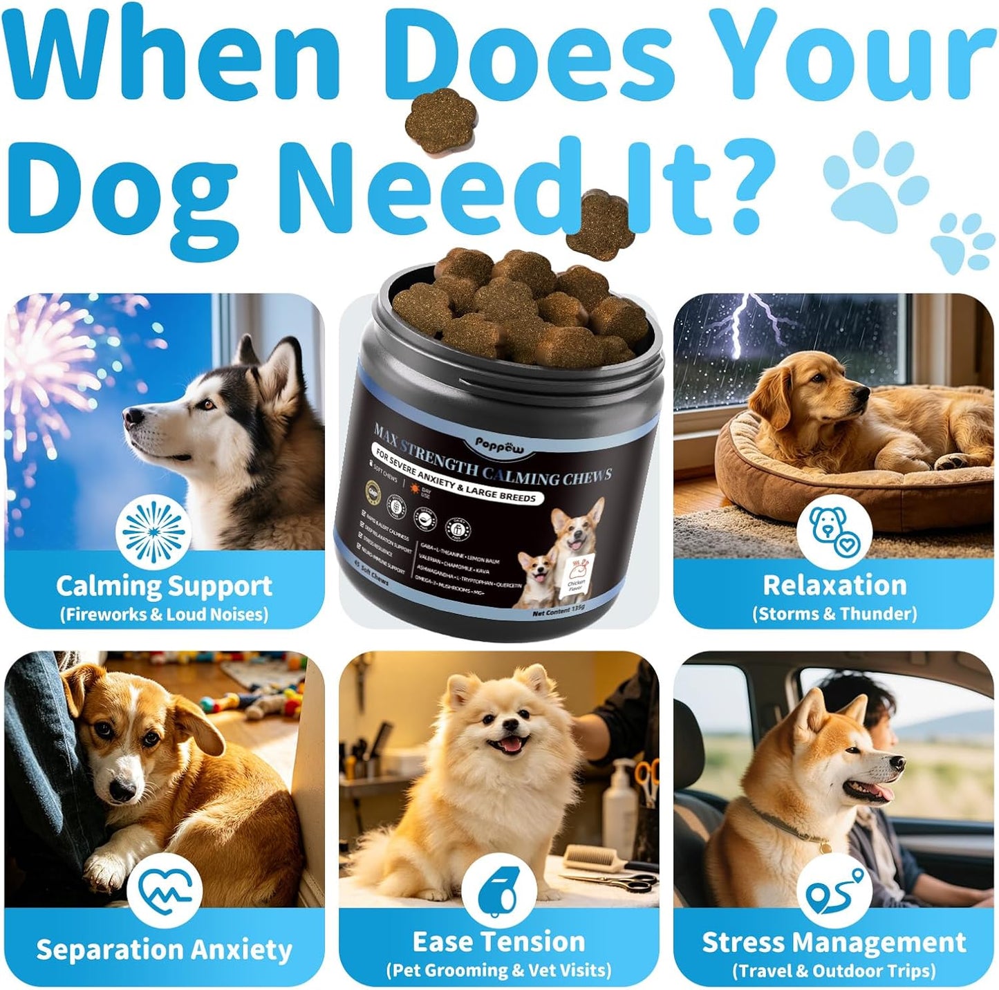 Calming Chews for Dogs - Advanced Calming Treats for Dogs Anxiety, Stress, Separation, & Thunder, Relaxation with Ashwagandha & L-Theanine, Non-Drowsy Alternative to Melatonin, Chicken Flavor, 45Ct