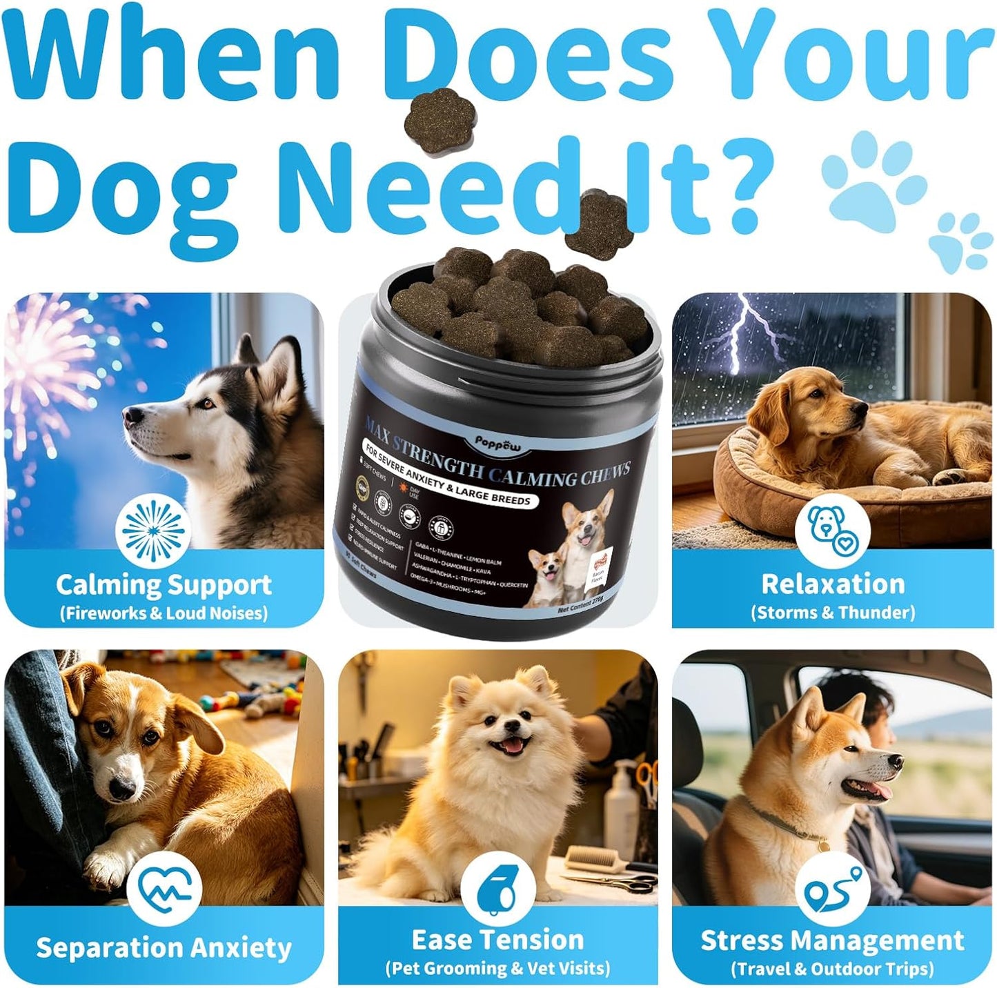 Calming Chews for Dogs - Advanced Calming Treats for Dogs Anxiety, Stress, Separation, & Thunder, Relaxation with Ashwagandha & L-Theanine, Non-Drowsy Alternative to Melatonin, Bacon Flavor, 90Ct