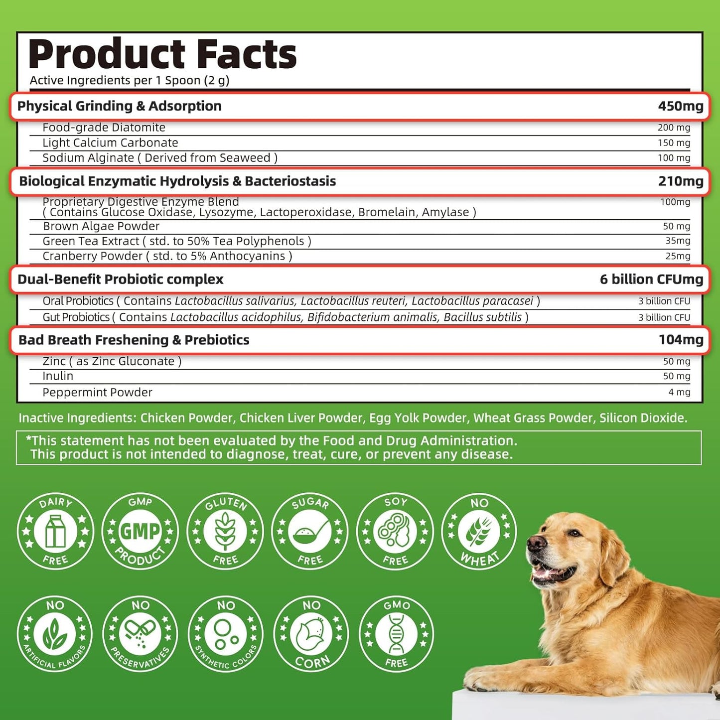 Dog Dental Powder, Teeth Cleaning Powder, Plaque & Tartar Off, Fresh Breath Support, No Brushing Oral Care, Mint Chicken Flavor, 75 Servings