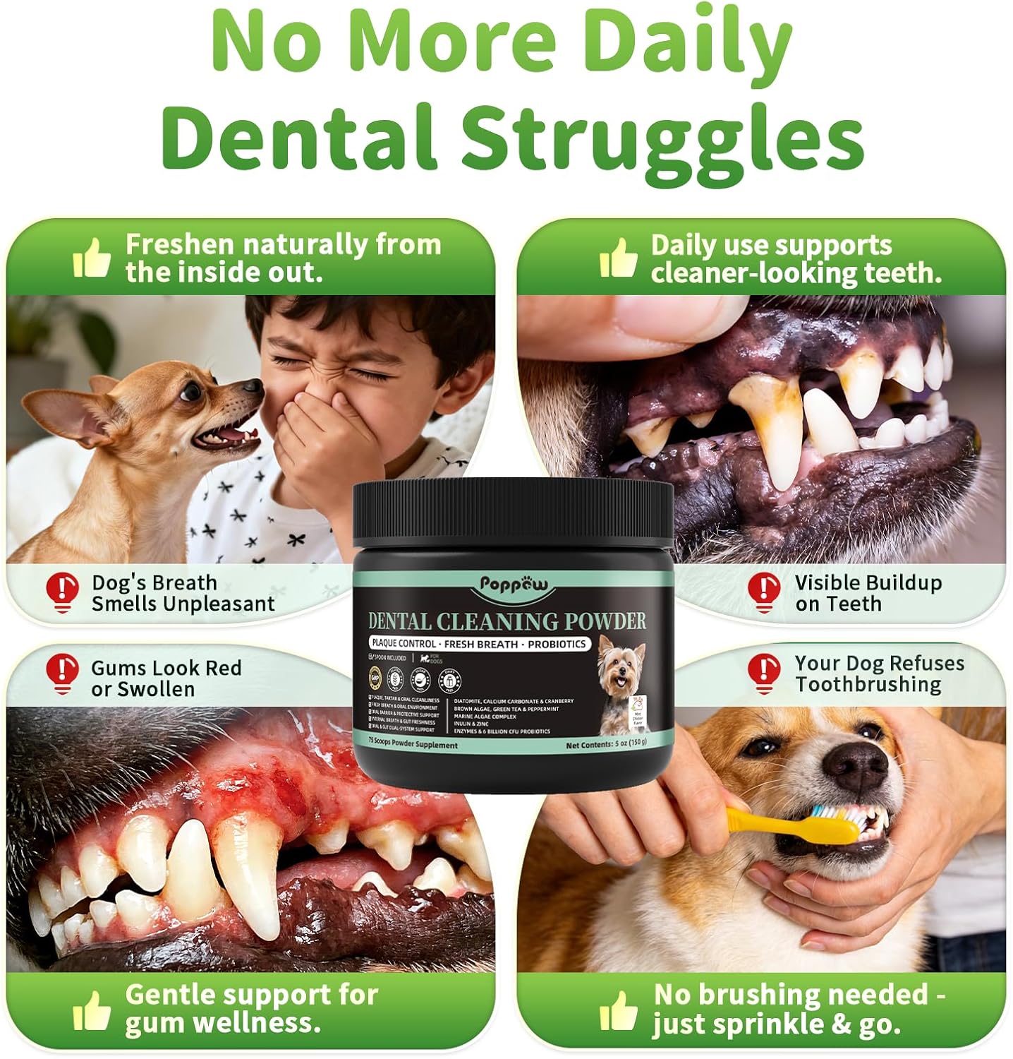 Dog Dental Powder, Teeth Cleaning Powder, Plaque & Tartar Off, Fresh Breath Support, No Brushing Oral Care, Mint Chicken Flavor, 75 Servings