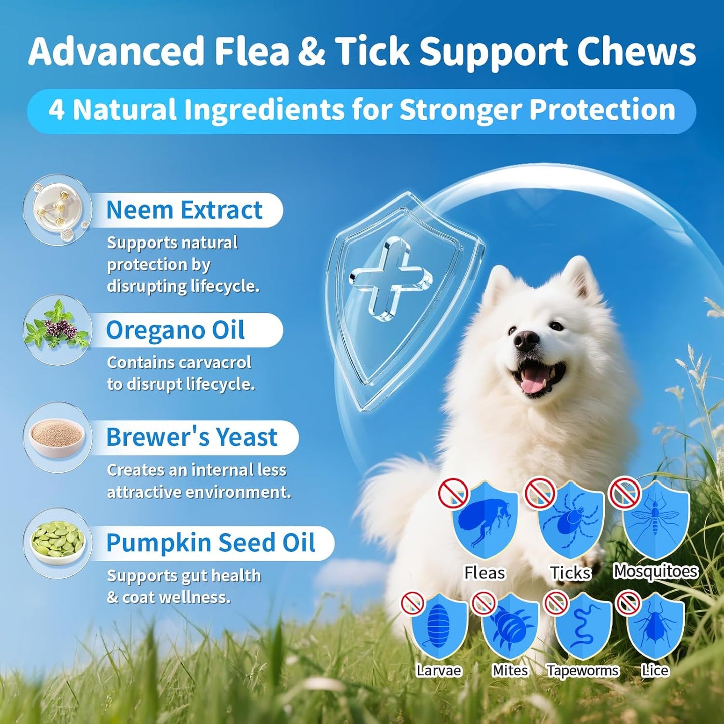 Dog Flea and Tick Treatment Chewable, 5-in-1 Natural Flea and Tick Prevention Chews, Dog Oral Flea and Tick Support Supplement, for All Breeds and Ages, Chicken Flavor, 135 Count
