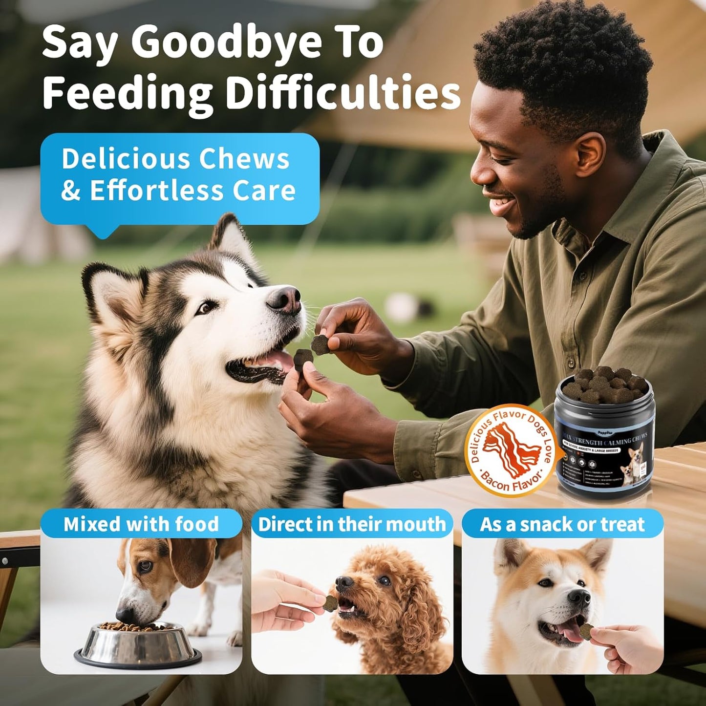 Calming Chews for Dogs - Advanced Calming Treats for Dogs Anxiety, Stress, Separation, & Thunder, Relaxation with Ashwagandha & L-Theanine, Non-Drowsy Alternative to Melatonin, Bacon Flavor, 90Ct