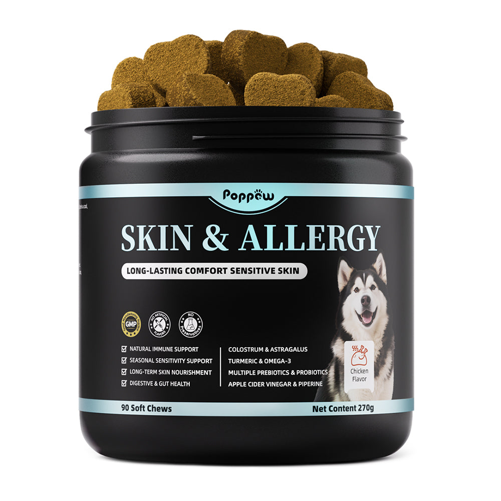 Skin & Allergy Care Supplement for Dog, Turmeric for Seasonal Sensitivity & Skin Nourishment Support - Rich in Probiotics, Omega-3 for Digestive & Gut Health Support - Chicken Flavor - 90 Count
