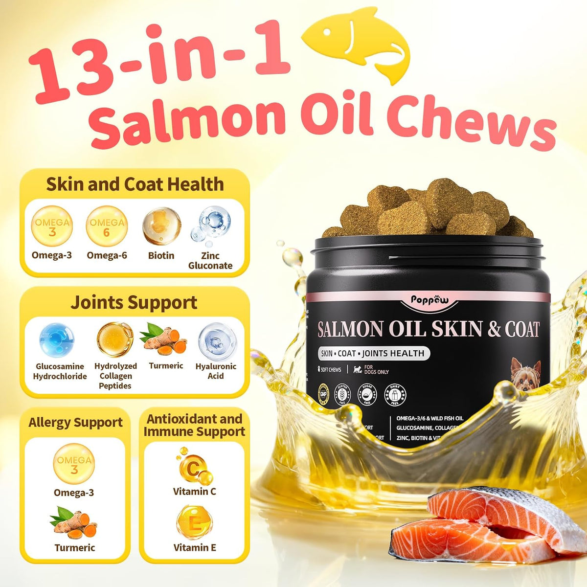 Salmon Oil for Dogs Skin & Coat, 13 in 1 Wild Alaskan Fish Oil for Dogs