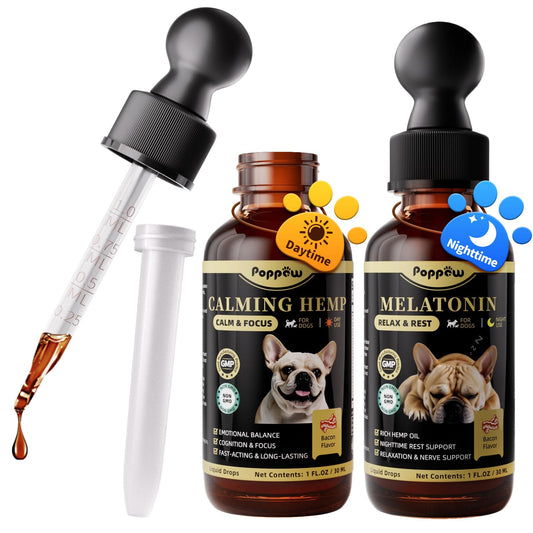 Dog Calming & Melatonin Drops, Day & Night Calm Support Set, Soothe Separation & Stress, Enhance Calmness & Sleep with Valerian Root, Ashwagandha, GABA, Melatonin, Bacon Flavor, 2 FL.Oz
