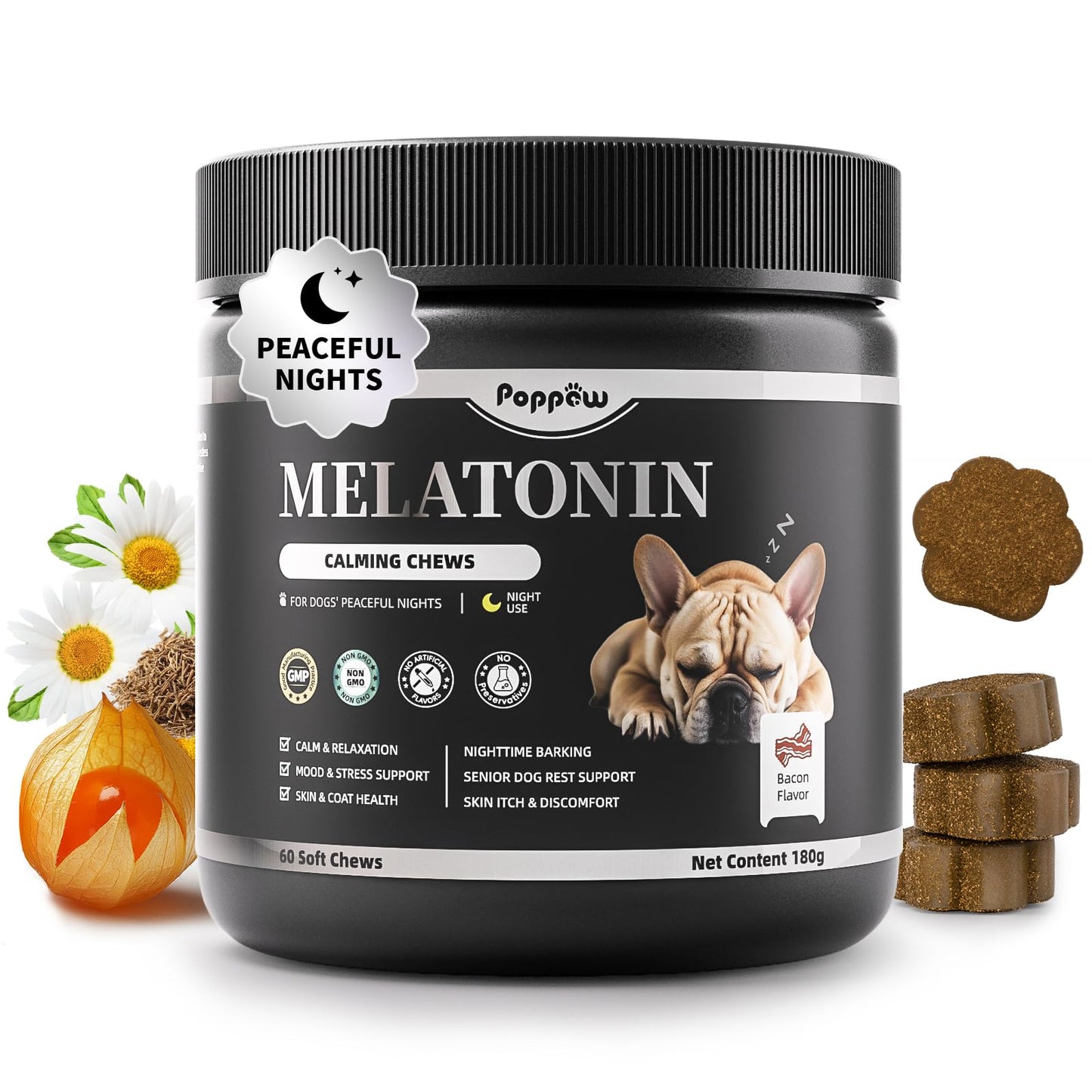 Melatonin for Dogs, Calming Chews with Valerian Root & L-Theanine for Sleep Aid & Emotional Support, Calming Treats for Stress Anxiety Relief - Thunder, Fireworks, Barking, Bacon Flavor, 60Ct