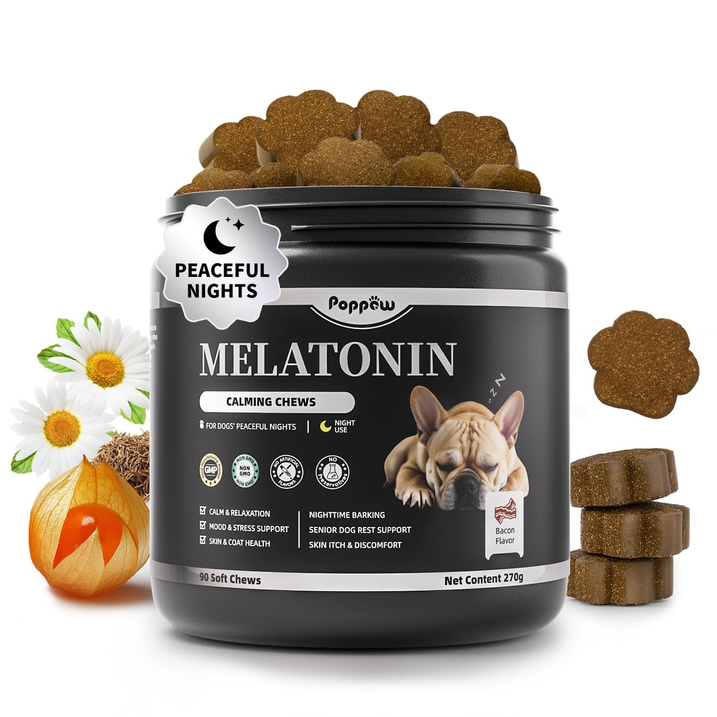 Melatonin for Dogs, Calming Chews with Valerian Root & L-Theanine for Sleep Aid & Emotional Support, Calming Treats for Stress Anxiety Relief - Thunder, Fireworks, Barking, Bacon Flavor, 90Ct