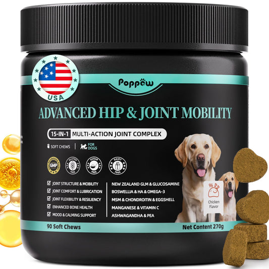 Advanced Dog Joint Supplement – 15-in-1 Glucosamine for Dogs with Chondroitin, MSM & Green Lipped Mussel – Hip & Joint Pain Relief Mobility Chews, Chicken Flavor, 90Ct Breeds