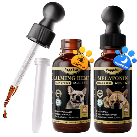 Dog Calming & Melatonin Drops, Day & Night Calm Support Set, Soothe Separation & Stress, Enhance Calmness & Sleep with Valerian Root, Ashwagandha, GABA, Melatonin, Chicken Flavor, 2 FL.Oz