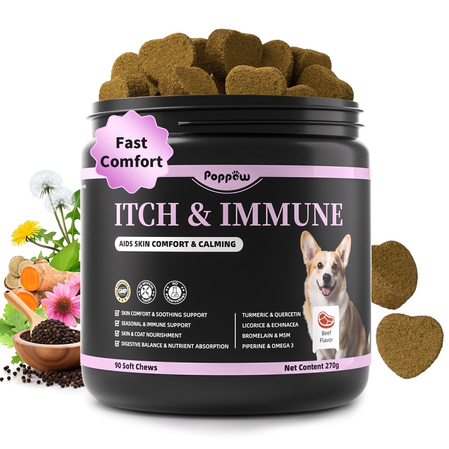 Itch Relief for Dogs - Turmeric Supplements for Itching Skin Comfort & Coat Health & Seasonal Allergy Care, Immune Support Supplement with Omega-3 Fish Oil, Biotin - Beef Flavor - 90 Count