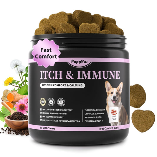 Itch Relief for Dogs - Turmeric Supplements for Itching Skin Comfort & Coat Health & Seasonal Allergy Care, Immune Support Supplement with Omega-3 Fish Oil, Biotin - Beef Flavor - 90 Count