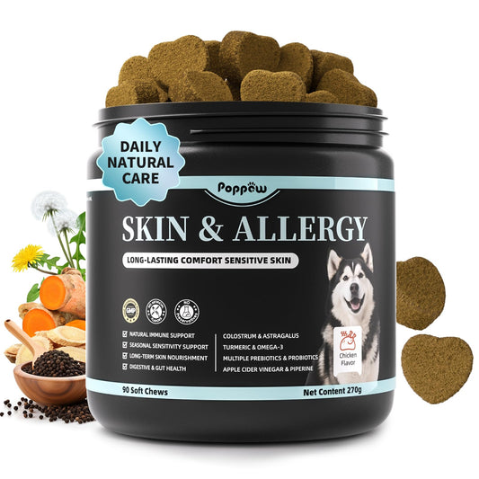 Skin & Allergy Care Supplement for Dog, Turmeric for Seasonal Sensitivity & Skin Nourishment Support - Rich in Probiotics, Omega-3 for Digestive & Gut Health Support - Chicken Flavor - 90 Count