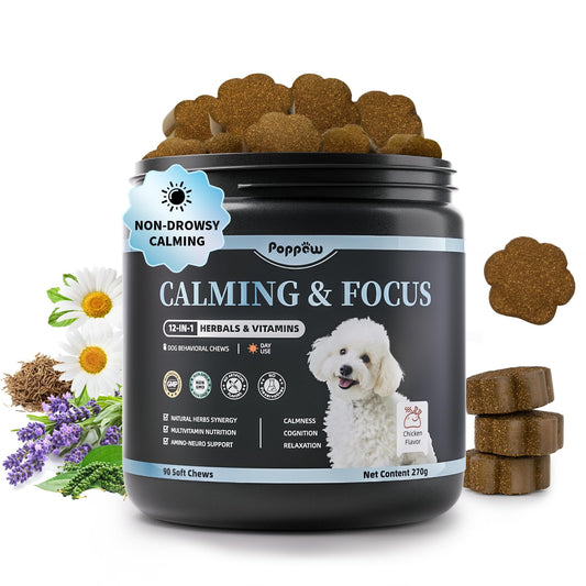Calming Chews for Dogs – Calming Treats for Anxiety, Stress, Separation, Travel&Thunder, Relaxation & Focus Support with L-Theanine, Valerian Root, Chamomile & Ashwagandha, Chicken Flavor, 90Ct