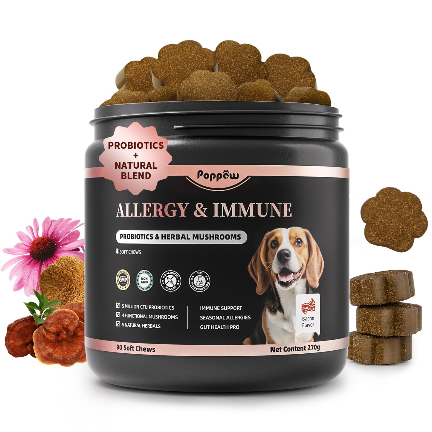 Dog Allergy Chews, Probiotics Supplement for Dogs Seasonal Allergies & Immune Support & Gut Health Pro, Mushroom Soft Chews for Joint, Energy, Itching Skin Support, Bacon Flavor - 90 Count