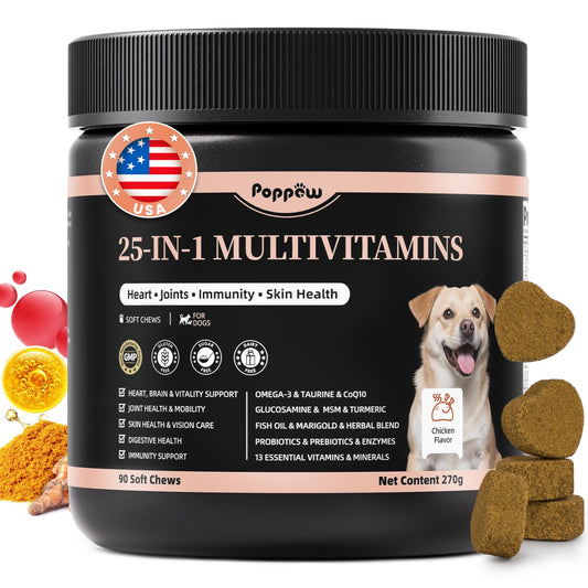 25-in-1 Dog Multivitamin Chews – All-in-One Daily Vitamins & Supplements for Dogs, Joint Support with Glucosamine MSM, Omega-3 Skin & Coat, Gut, Heart & Brain, All Breeds & Ages, Chicken, 90 Ct