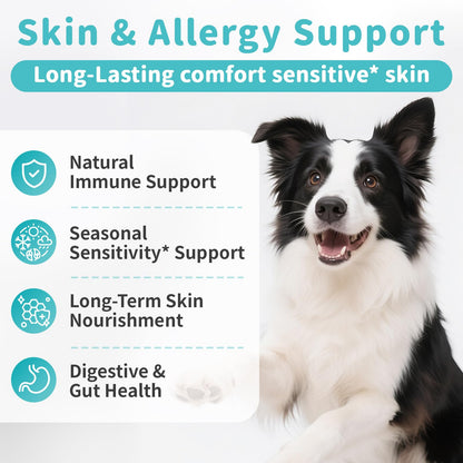 Skin & Allergy Care Supplement for Dog, Turmeric for Seasonal Sensitivity & Skin Nourishment Support - Rich in Probiotics, Omega-3 for Digestive & Gut Health Support - Chicken Flavor - 90 Count