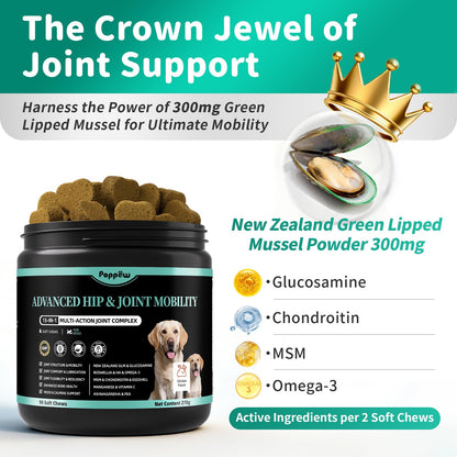 Advanced Dog Joint Supplement – 15-in-1 Glucosamine for Dogs with Chondroitin, MSM & Green Lipped Mussel – Hip & Joint Pain Relief Mobility Chews, Chicken Flavor, 90Ct Breeds