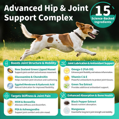 Advanced Dog Joint Supplement – 15-in-1 Glucosamine for Dogs with Chondroitin, MSM & Green Lipped Mussel – Hip & Joint Pain Relief Mobility Chews, Chicken Flavor, 90Ct Breeds