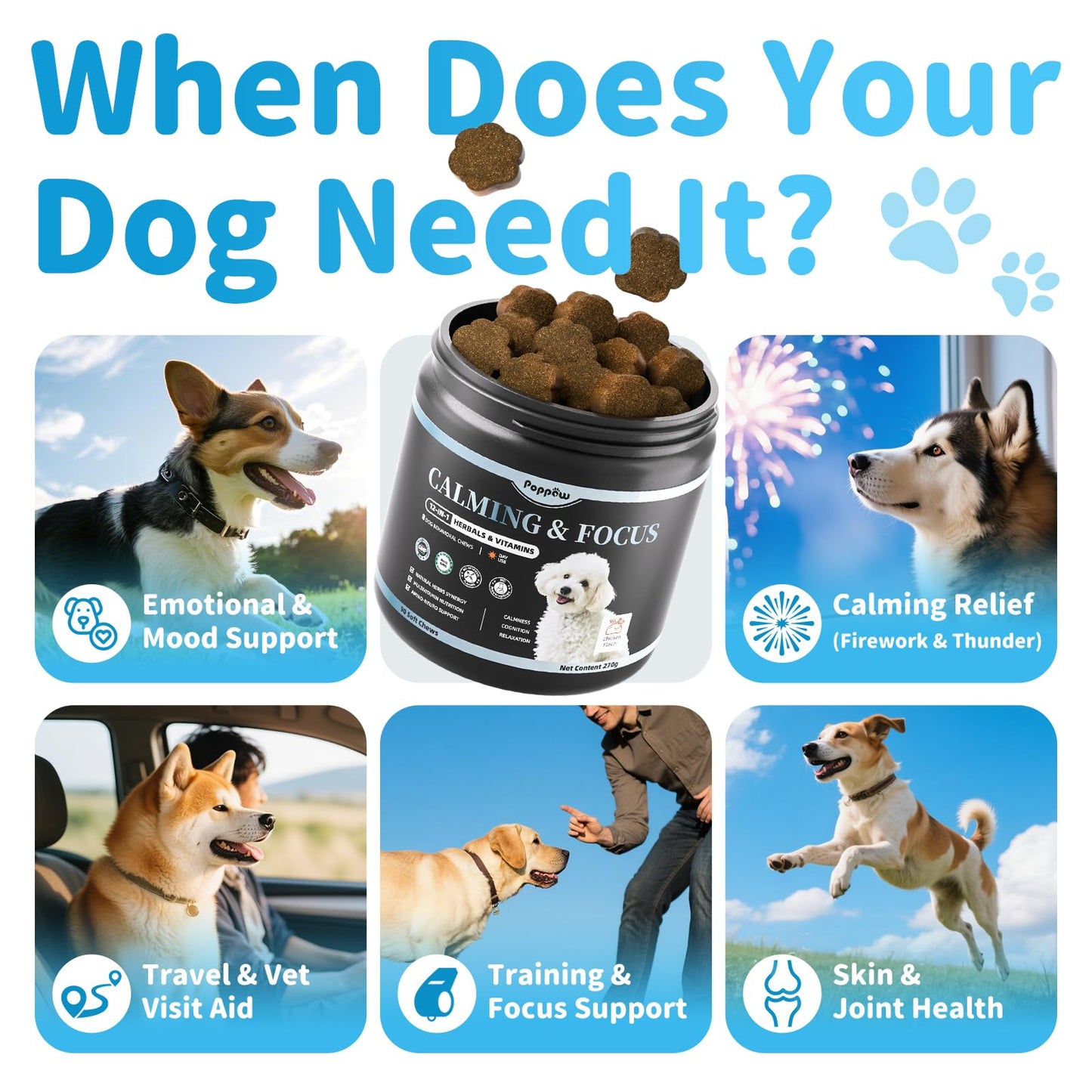 Calming Chews for Dogs – Calming Treats for Anxiety, Stress, Separation, Travel&Thunder, Relaxation & Focus Support with L-Theanine, Valerian Root, Chamomile & Ashwagandha, Chicken Flavor, 90Ct