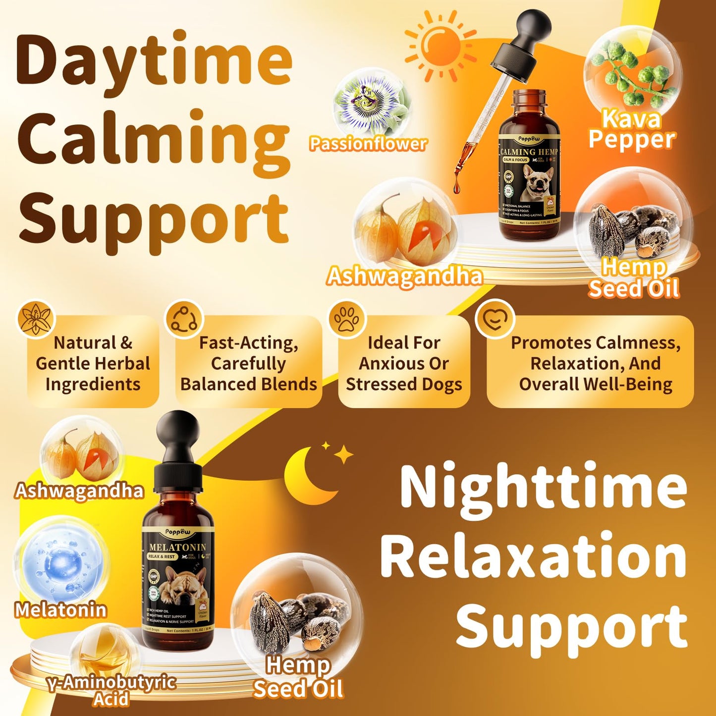 Dog Calming & Melatonin Drops, Day & Night Calm Support Set, Soothe Separation & Stress, Enhance Calmness & Sleep with Valerian Root, Ashwagandha, GABA, Melatonin, Chicken Flavor, 2 FL.Oz