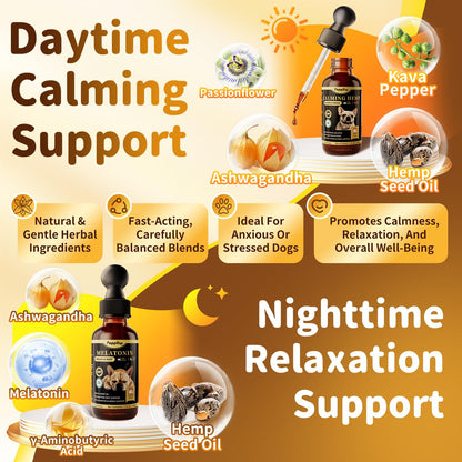 Dog Calming & Melatonin Drops, Day & Night Calm Support Set, Soothe Separation & Stress, Enhance Calmness & Sleep with Valerian Root, Ashwagandha, GABA, Melatonin, Chicken Flavor, 2 FL.Oz