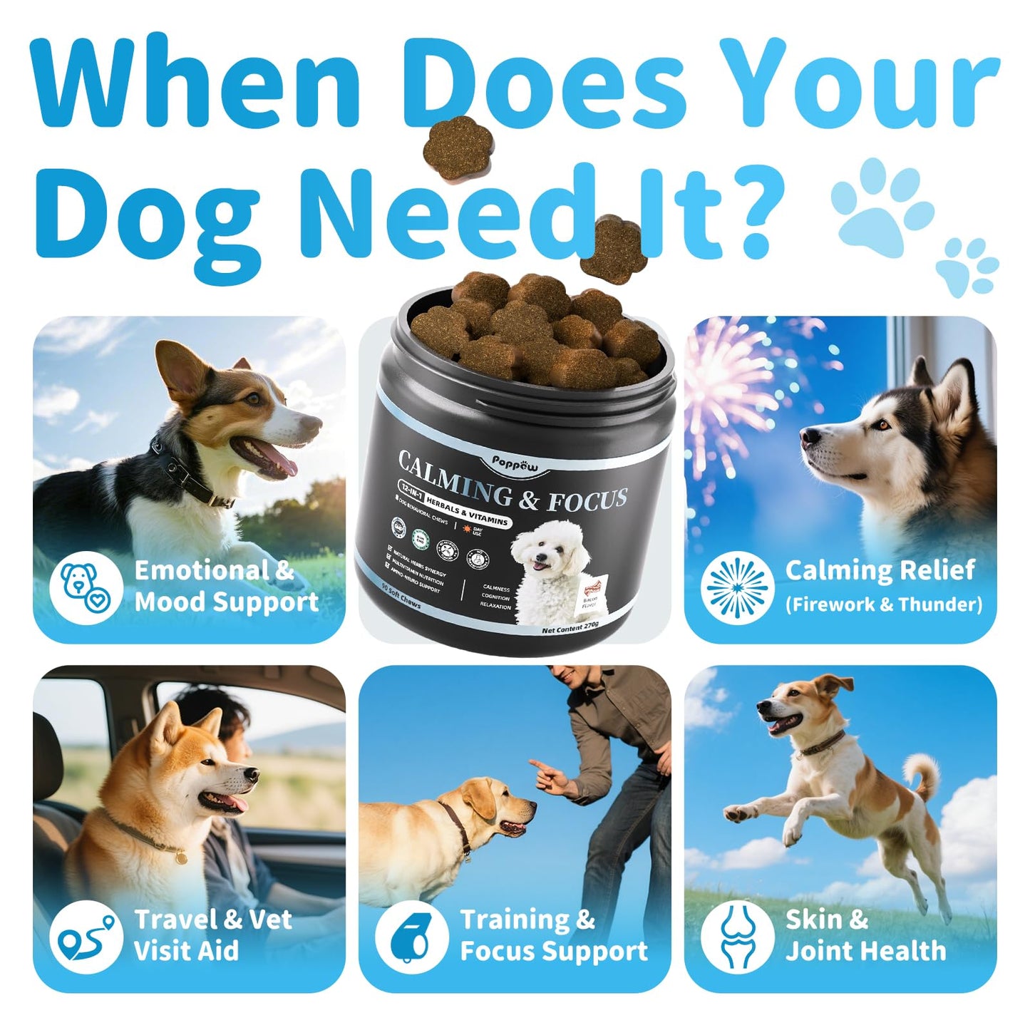 Calming Chews for Dogs – Calming Treats for Anxiety, Stress, Separation, Travel&Thunder, Relaxation & Focus Support with L-Theanine, Valerian Root, Chamomile & Ashwagandha, Bacon Flavor, 90Ct