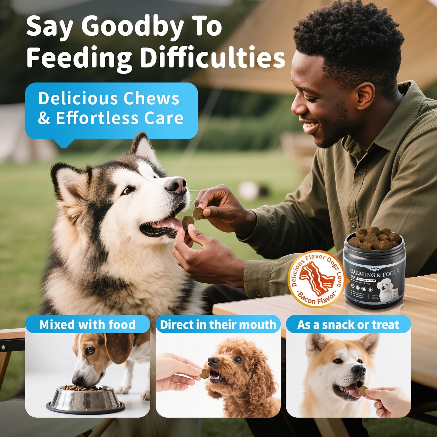 Calming Chews for Dogs – Calming Treats for Anxiety, Stress, Separation, Travel&Thunder, Relaxation & Focus Support with L-Theanine, Valerian Root, Chamomile & Ashwagandha, Bacon Flavor, 90Ct