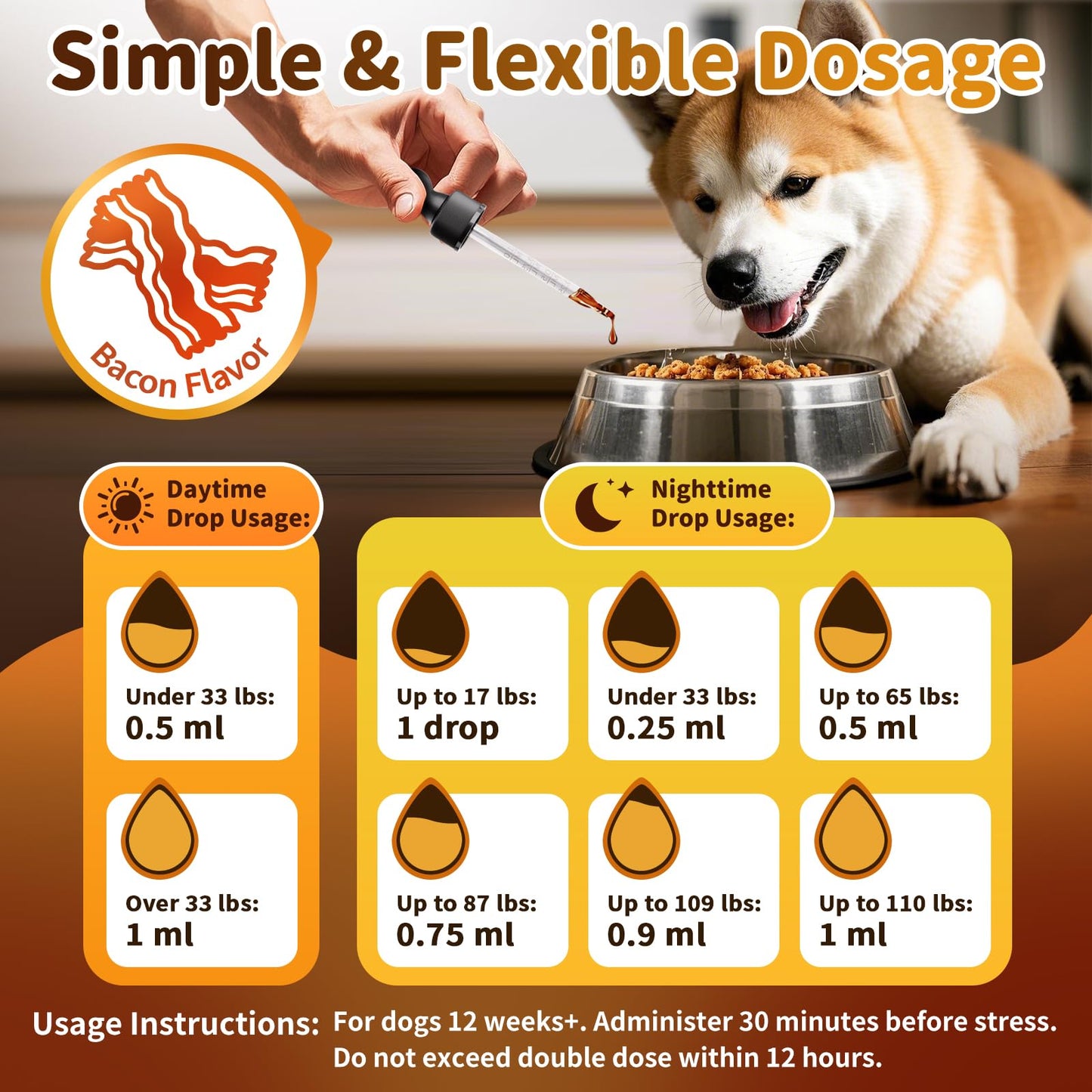Dog Calming & Melatonin Drops, Day & Night Calm Support Set, Soothe Separation & Stress, Enhance Calmness & Sleep with Valerian Root, Ashwagandha, GABA, Melatonin, Bacon Flavor, 2 FL.Oz
