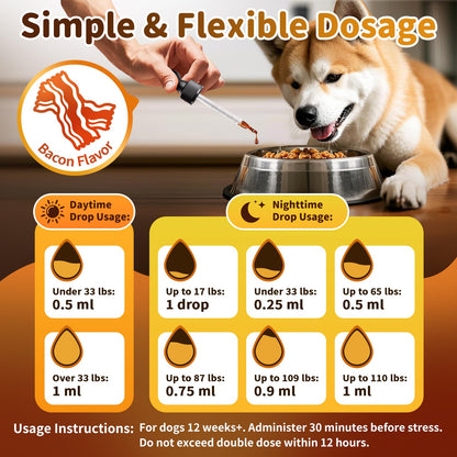 Dog Calming & Melatonin Drops, Day & Night Calm Support Set, Soothe Separation & Stress, Enhance Calmness & Sleep with Valerian Root, Ashwagandha, GABA, Melatonin, Bacon Flavor, 2 FL.Oz