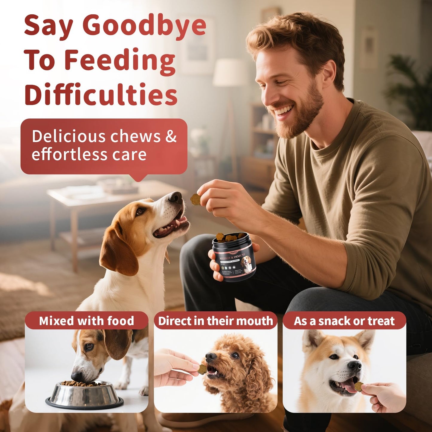 Dog Allergy Chews, Probiotics Supplement for Dogs Seasonal Allergies & Immune Support & Gut Health Pro, Mushroom Soft Chews for Joint, Energy, Itching Skin Support, Chicken Flavor - 90 Count
