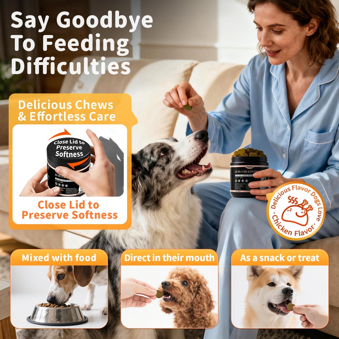 25-in-1 Dog Multivitamin Chews – All-in-One Daily Vitamins & Supplements for Dogs, Joint Support with Glucosamine MSM, Omega-3 Skin & Coat, Gut, Heart & Brain, All Breeds & Ages, Chicken, 90 Ct