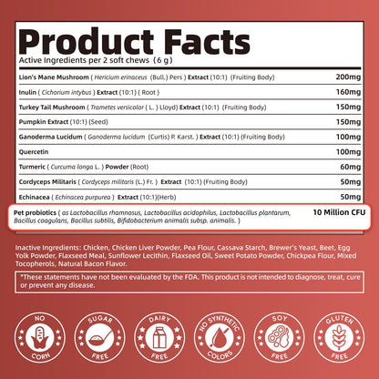 Dog Allergy Chews, Probiotics Supplement for Dogs Seasonal Allergies & Immune Support & Gut Health Pro, Mushroom Soft Chews for Joint, Energy, Itching Skin Support, Bacon Flavor - 90 Count