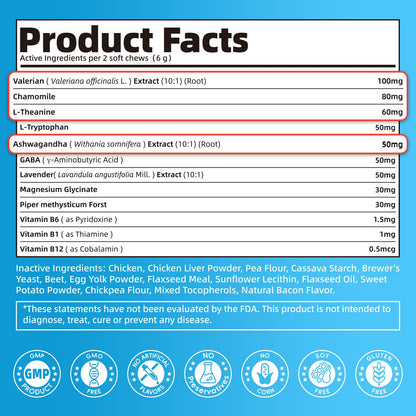 Calming Chews for Dogs – Calming Treats for Anxiety, Stress, Separation, Travel&Thunder, Relaxation & Focus Support with L-Theanine, Valerian Root, Chamomile & Ashwagandha, Bacon Flavor, 90Ct