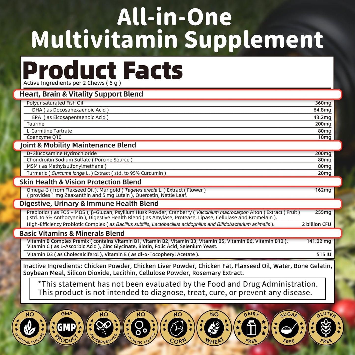 25-in-1 Dog Multivitamin Chews – All-in-One Daily Vitamins & Supplements for Dogs, Joint Support with Glucosamine MSM, Omega-3 Skin & Coat, Gut, Heart & Brain, All Breeds & Ages, Chicken, 90 Ct