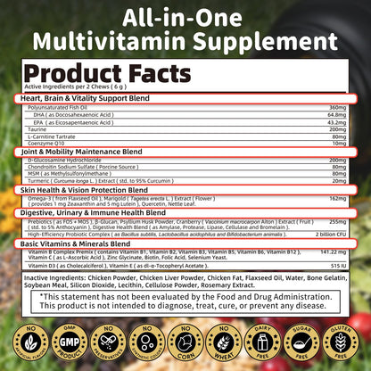 25-in-1 Dog Multivitamin Chews – All-in-One Daily Vitamins & Supplements for Dogs, Joint Support with Glucosamine MSM, Omega-3 Skin & Coat, Gut, Heart & Brain, All Breeds & Ages, Chicken, 90 Ct