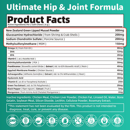 Advanced Dog Joint Supplement – 15-in-1 Glucosamine for Dogs with Chondroitin, MSM & Green Lipped Mussel – Hip & Joint Pain Relief Mobility Chews, Chicken Flavor, 90Ct Breeds